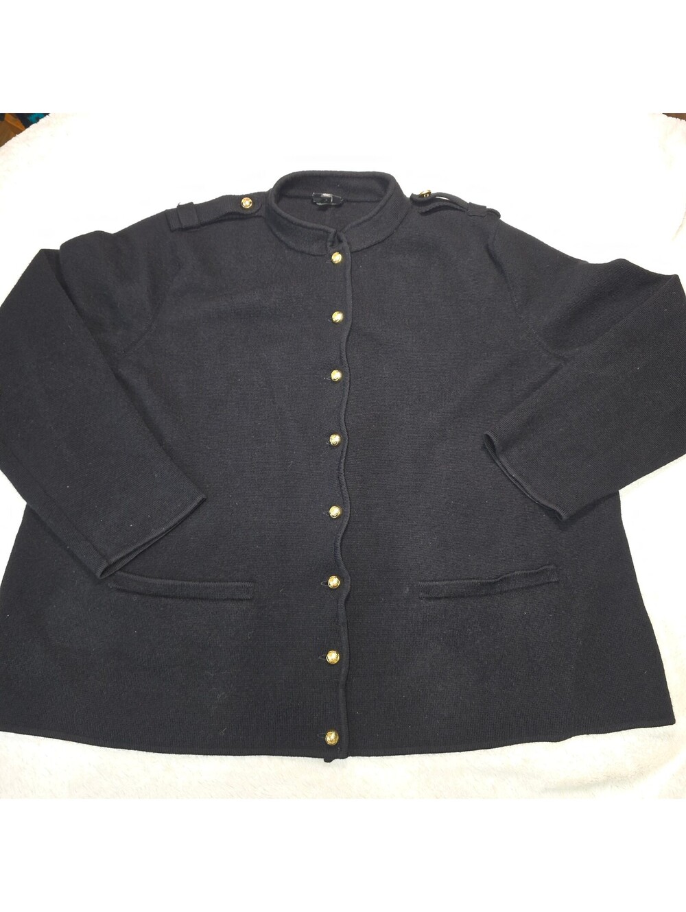 Talbots Woman Pure Merino Wool Military Cardigan Jacket Black Gold Button 2X